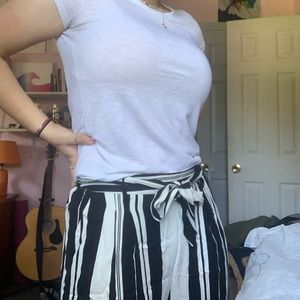 black and white vertical striped parachute pants